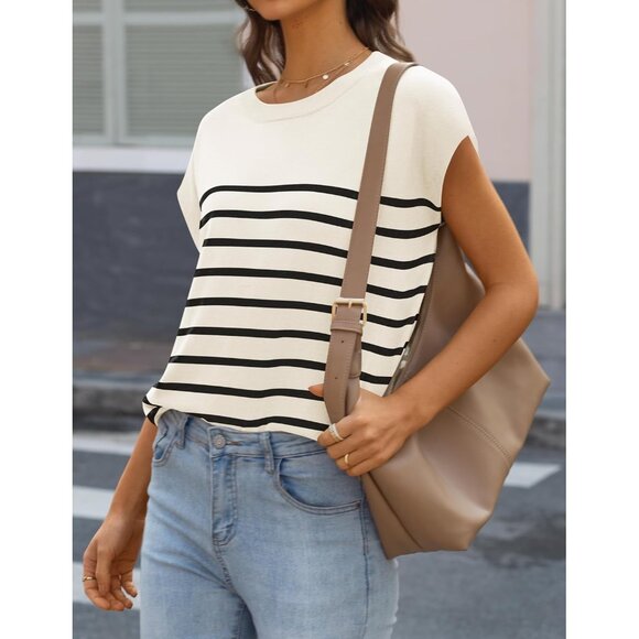 Women's Cap Sleeve Striped Tops 2024 Batwing Short Sleeve Summer Crewneck - Picture 3 of 6